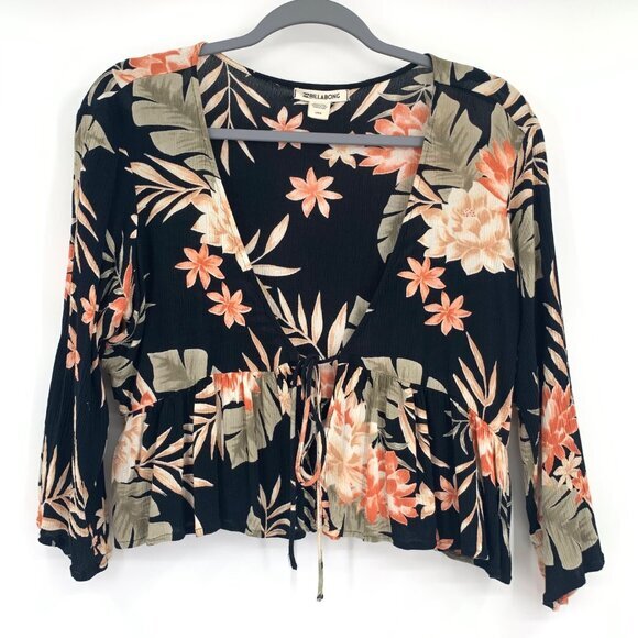 Billabong Black‎ with FLowers Rayon Women's Front Tie Cami Top Size Large - Picture 3 of 8